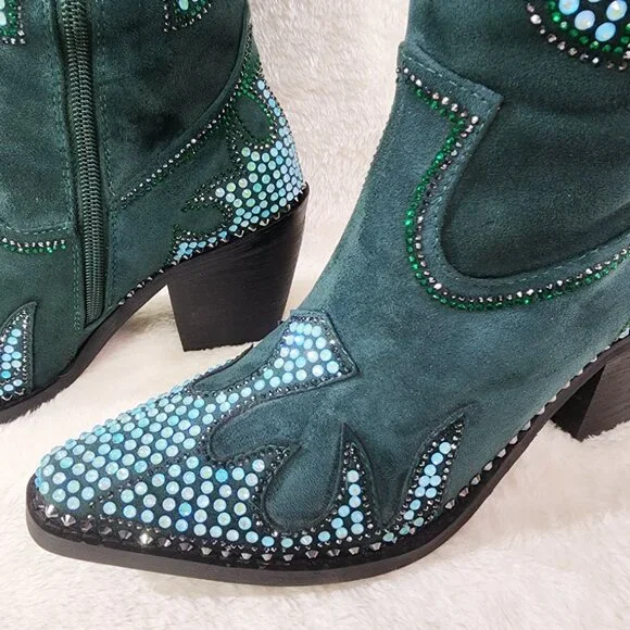 Sparks Country Western Cowgirl Knee Boots Dazzleing Iridescent Rhinestones Green